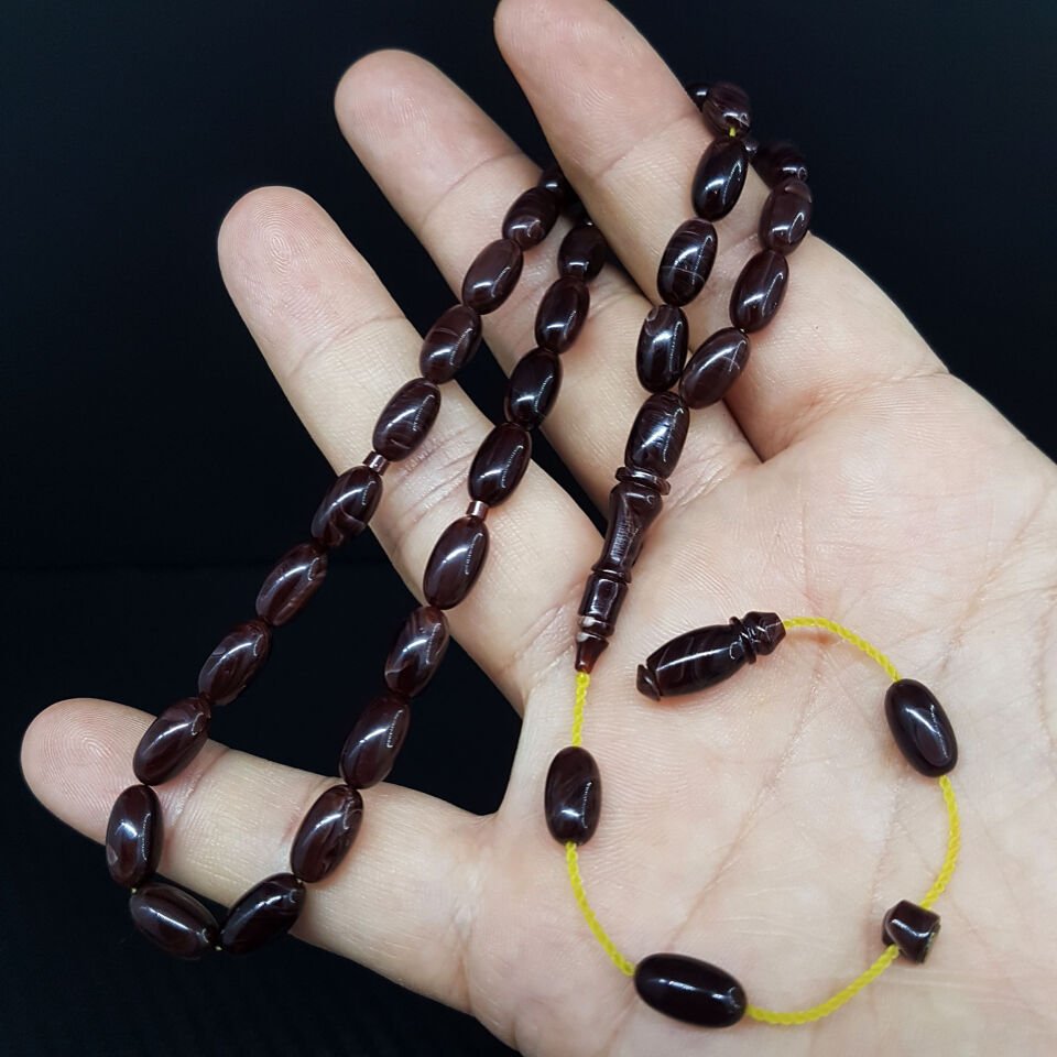 İnce Badem Kesim Kahve Sıkma Kehribar Tesbih