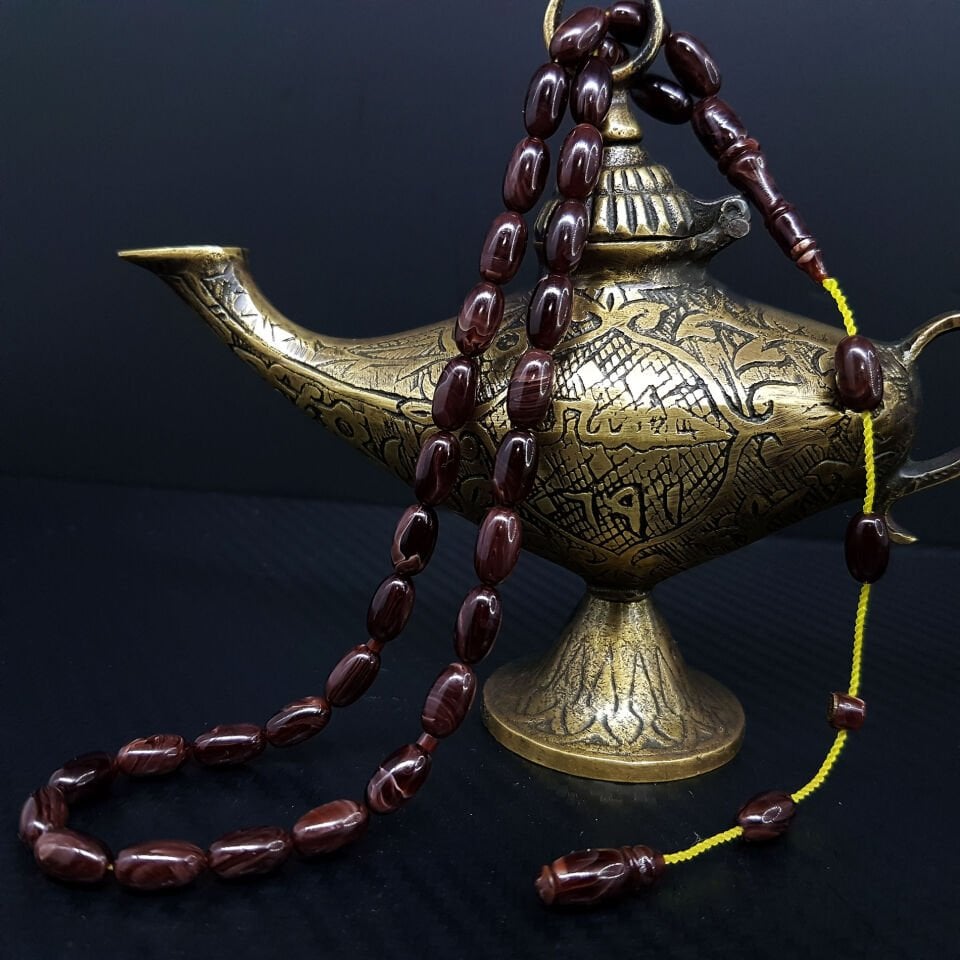 İnce Badem Kesim Kahve Sıkma Kehribar Tesbih