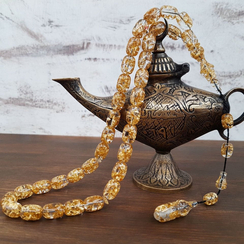Kapsül Kesim Altın Parçalı Uçak Camı Tesbih