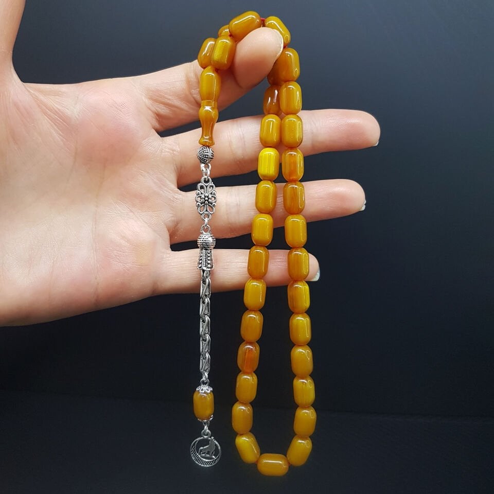 Sarı Kapsül Kesim Sıkma Kehribar Tesbih