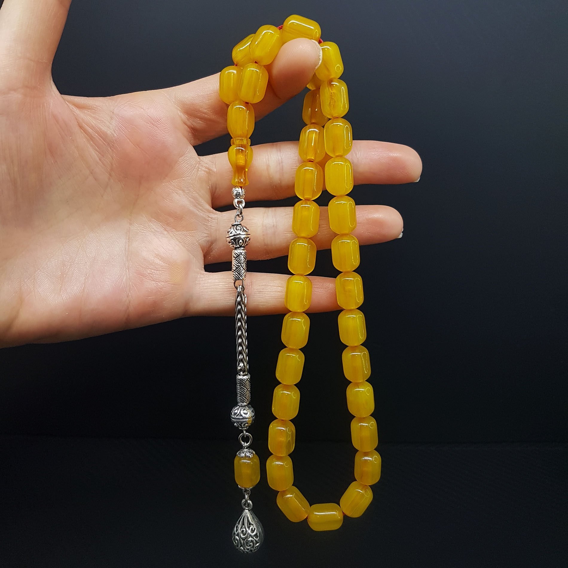 Kapsül Kesim Koyu Sarı Çubuk Sıkma Kehribar Tesbih