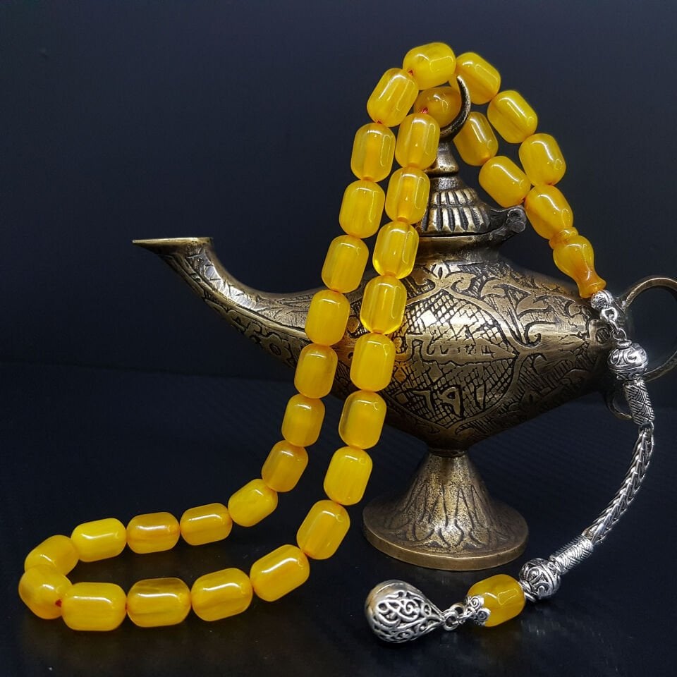 Kapsül Kesim Koyu Sarı Çubuk Sıkma Kehribar Tesbih