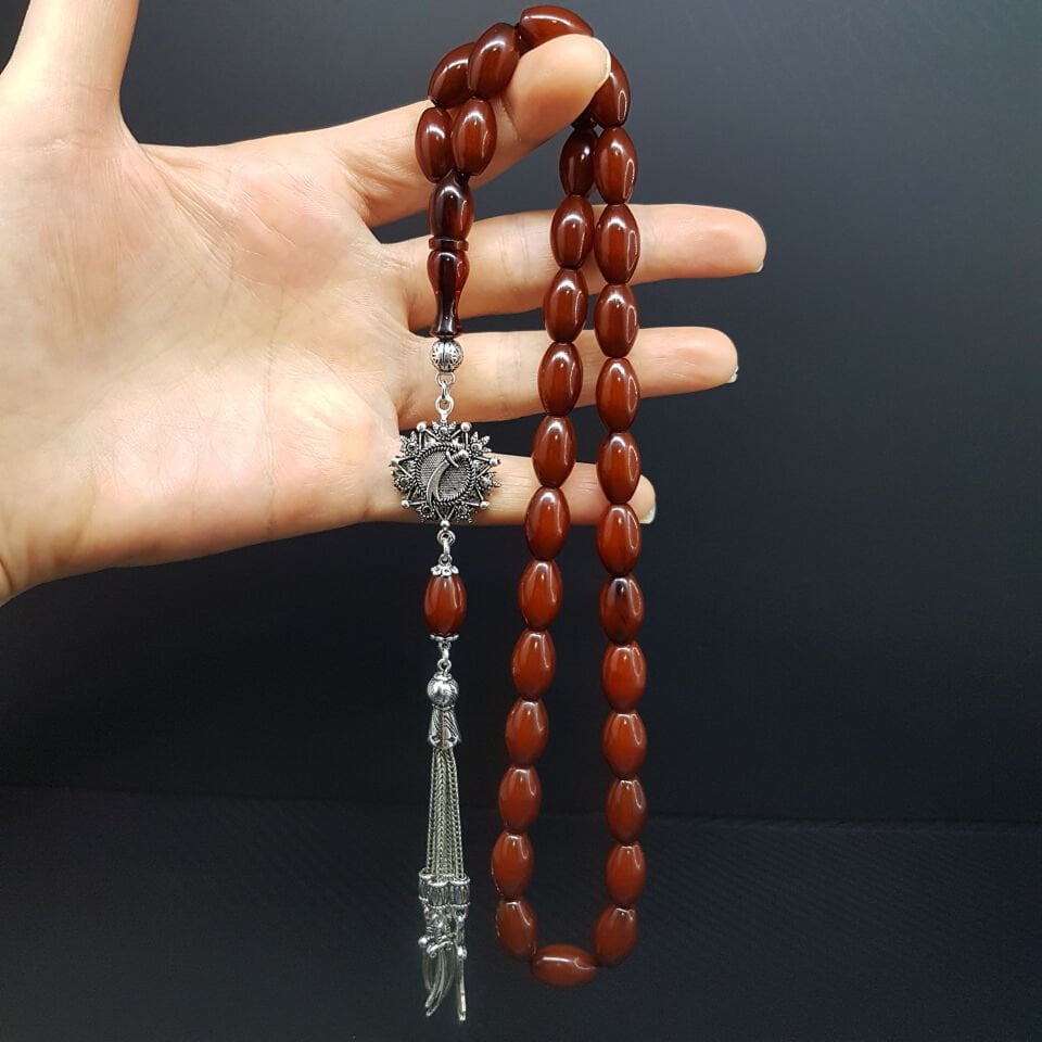 Büyük Boy Arpa Kesim Sıkma Kehribar Tesbih