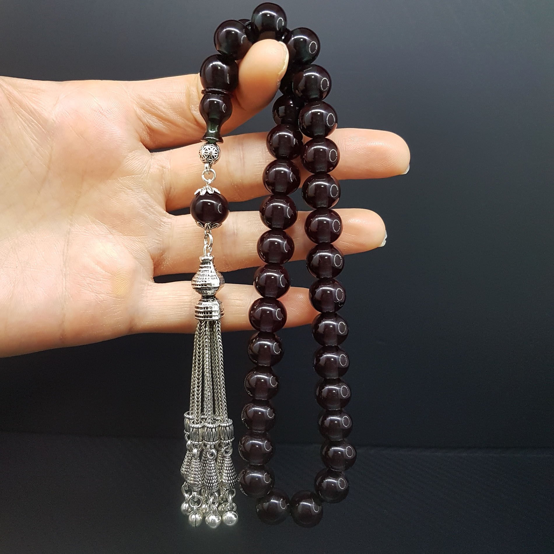 Koyu Petrol Mavisi Sıkma Kehribar Tesbih