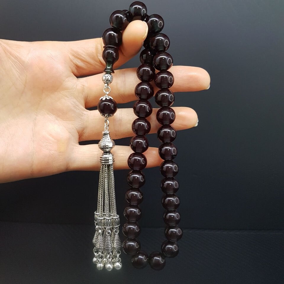 Koyu Petrol Mavisi Sıkma Kehribar Tesbih