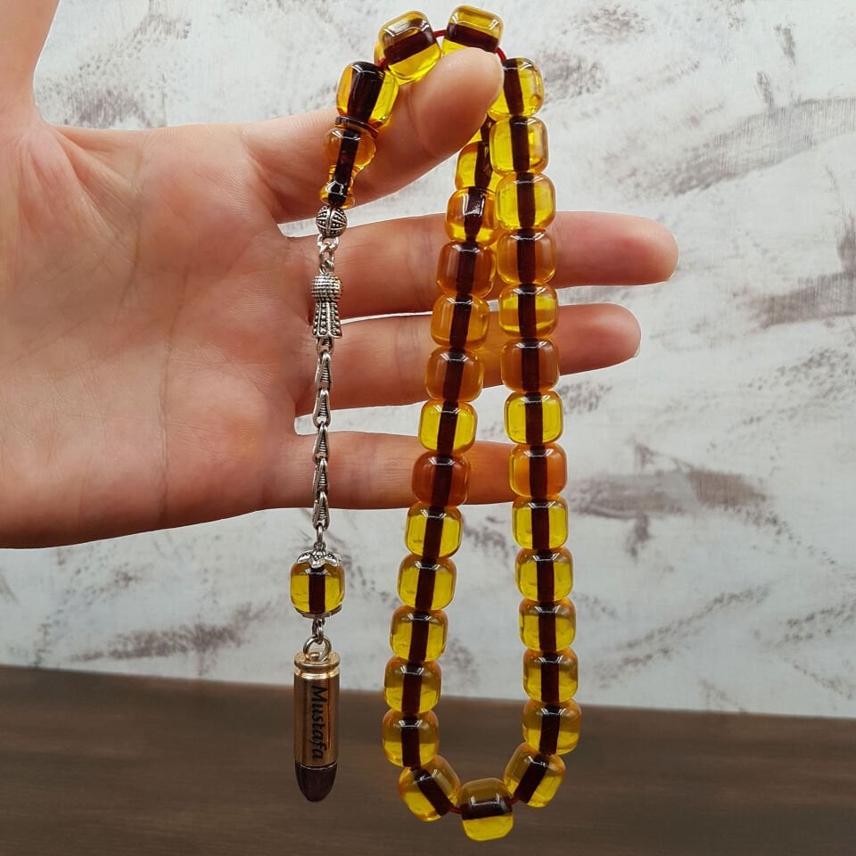 Sarı Teker Kesim Ateş Kehribar Tesbih