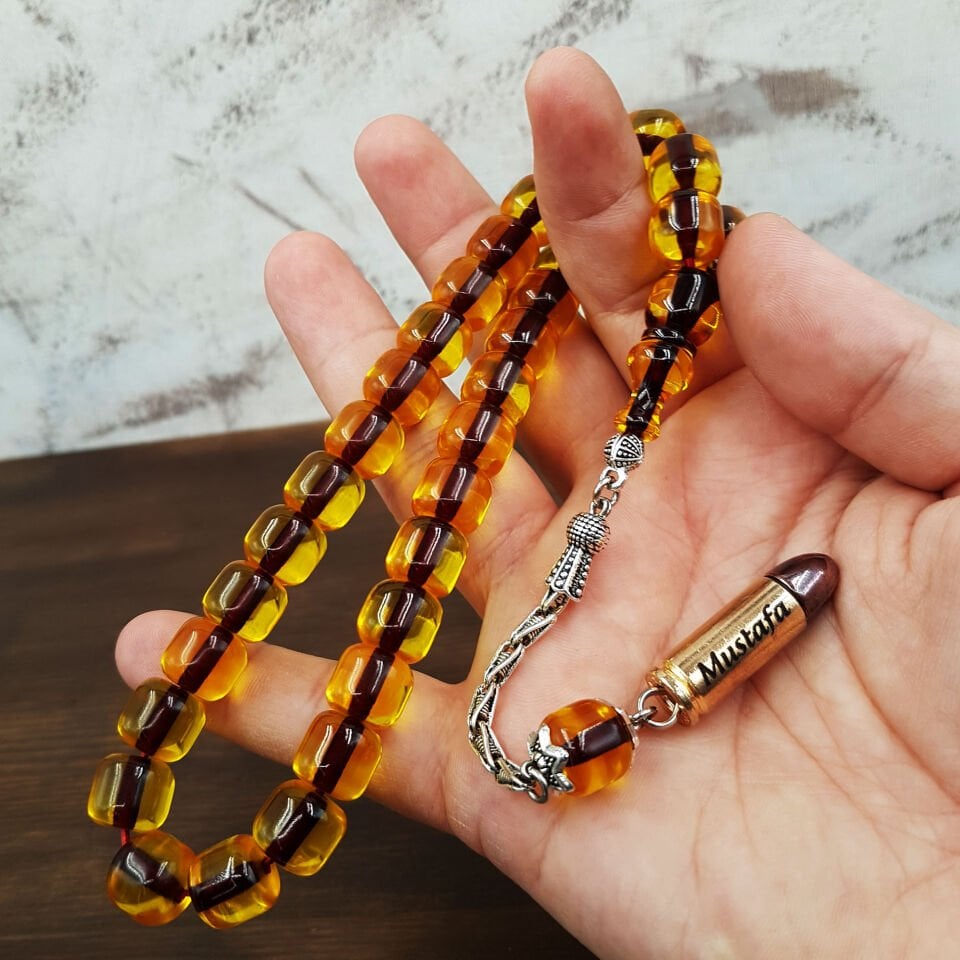 Sarı Teker Kesim Ateş Kehribar Tesbih