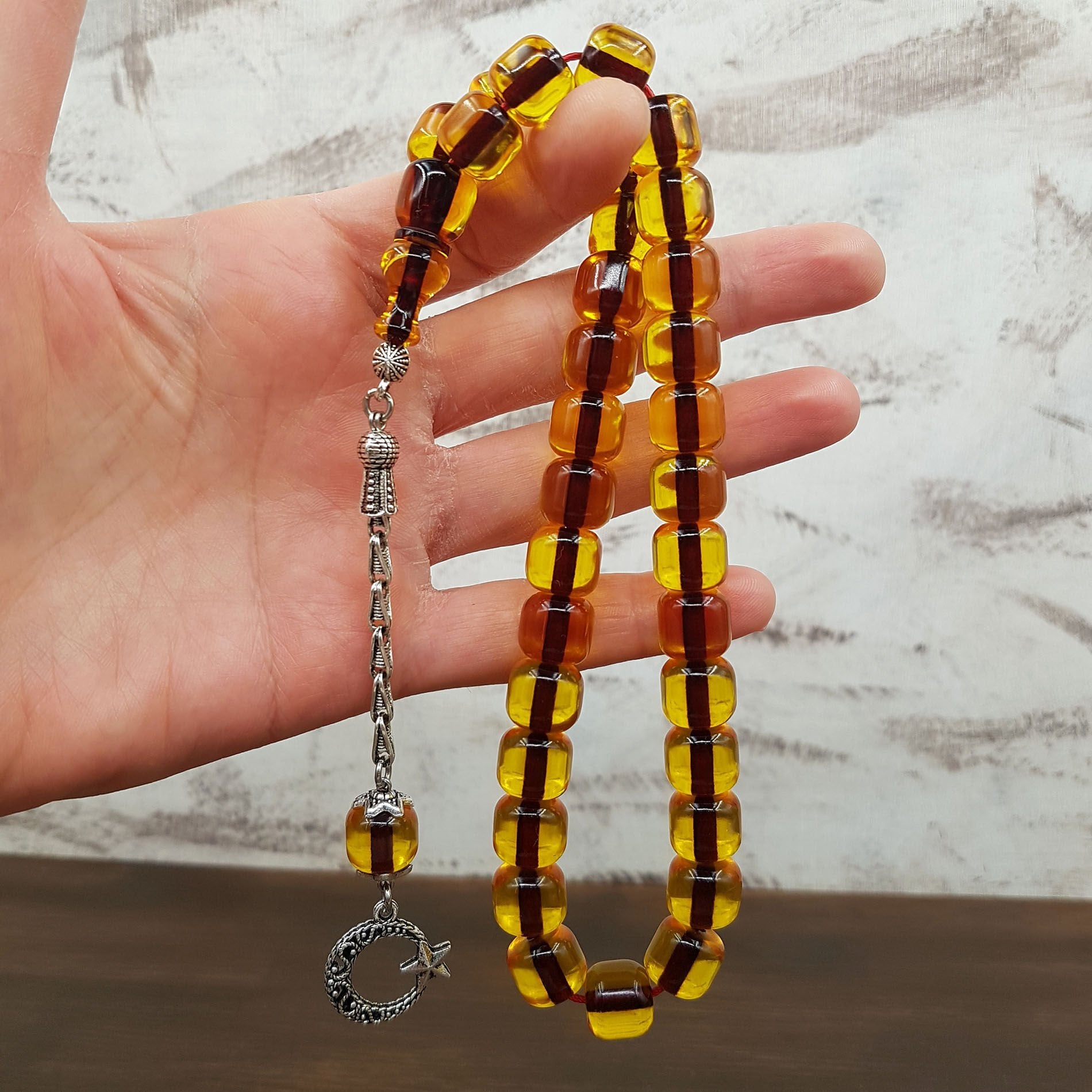 Sarı Teker Kesim Ateş Kehribar Tesbih