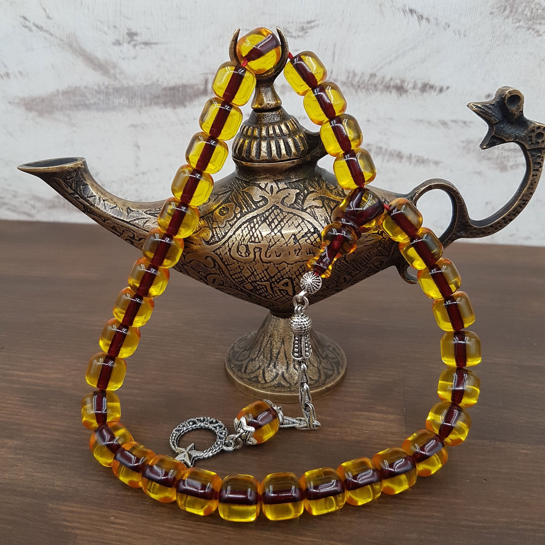 Sarı Teker Kesim Ateş Kehribar Tesbih