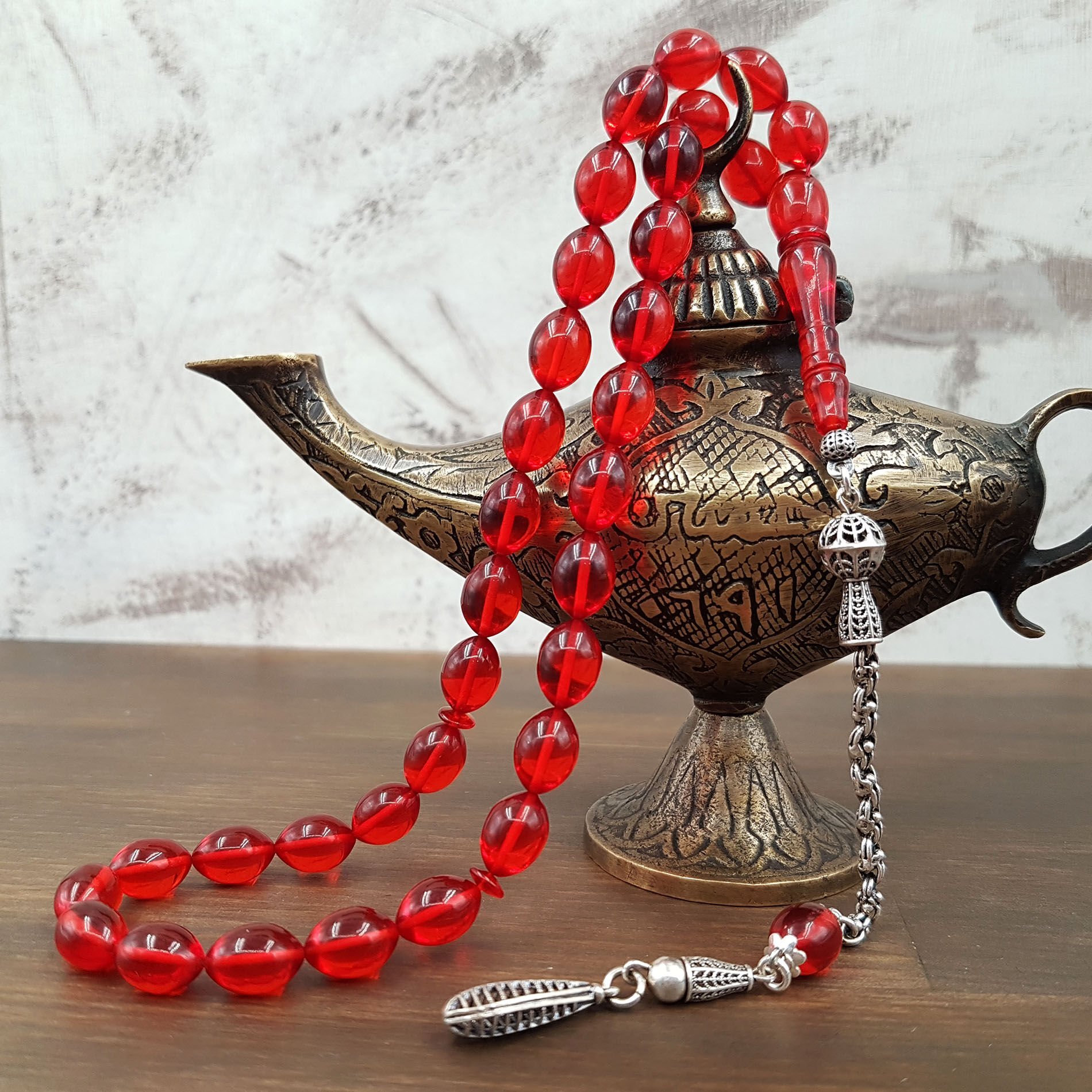 Gümüş Püskül Beyzi Turuncu Ateş Kehribar Tesbih