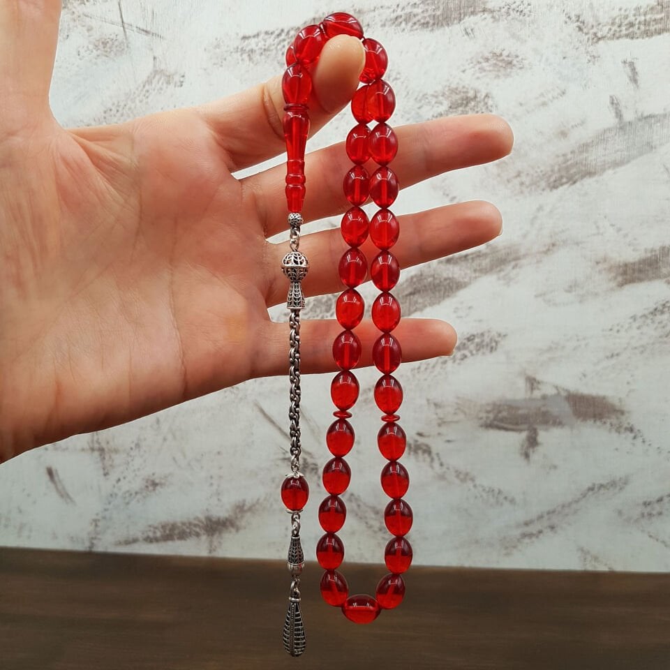 Gümüş Püskül Beyzi Turuncu Ateş Kehribar Tesbih