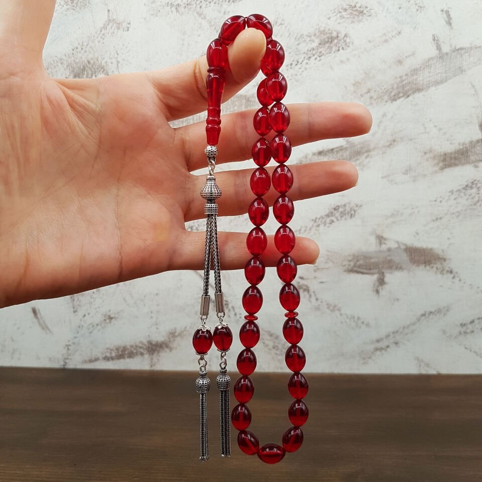 Gümüş Püskül Beyzi Kırmızı Ateş Kehribar Tesbih