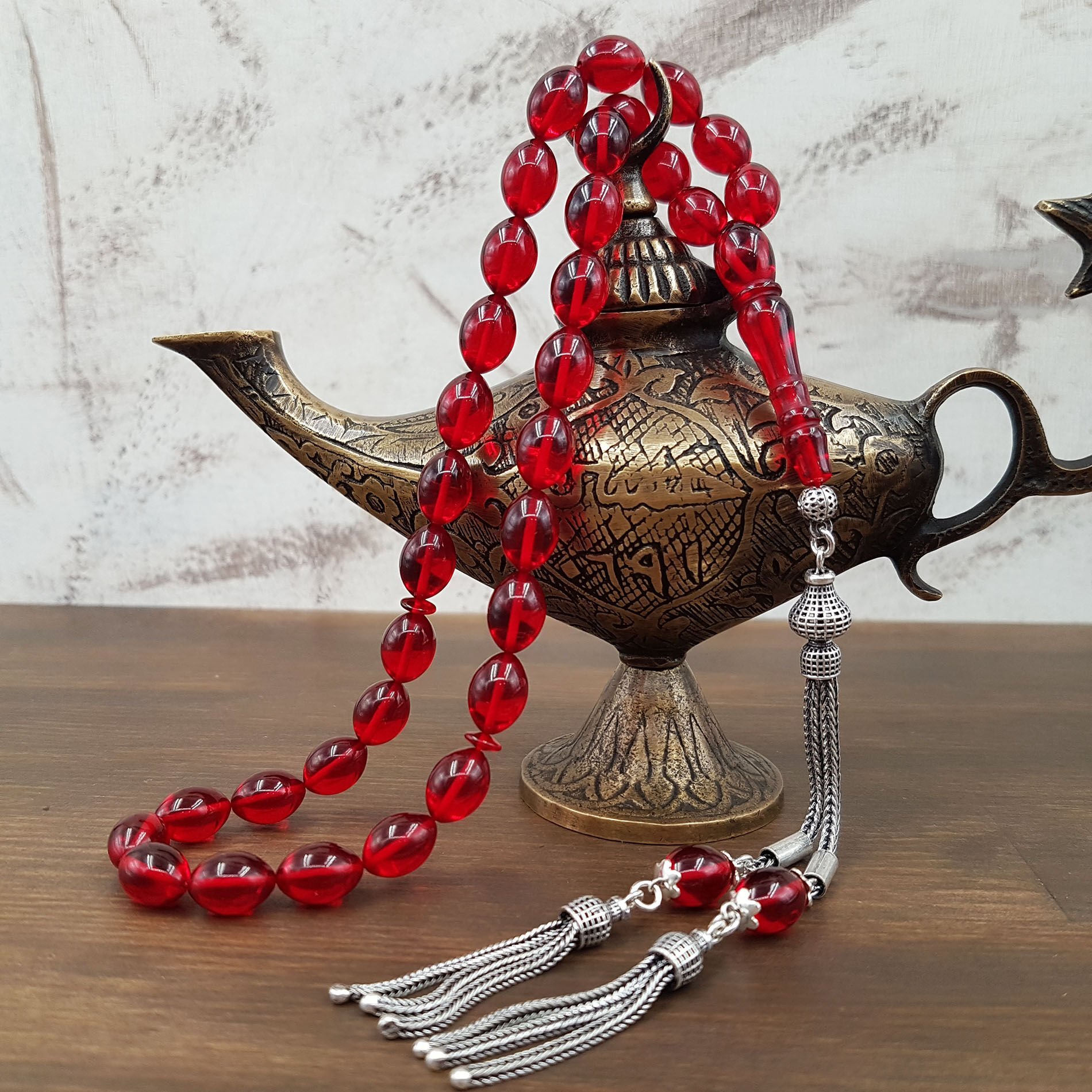 Gümüş Püskül Beyzi Kırmızı Ateş Kehribar Tesbih