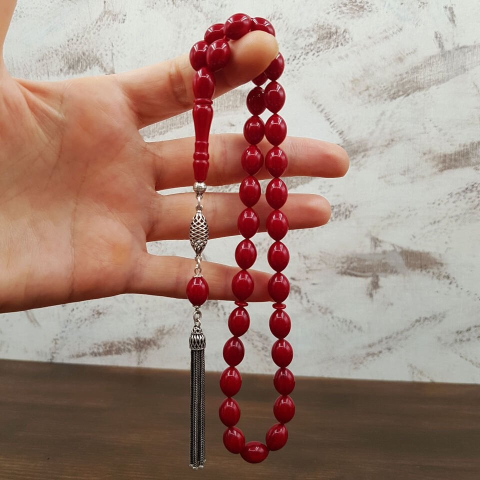 Gümüş Püskül Beyzi Vişne Sıkma Kehribar Tesbih