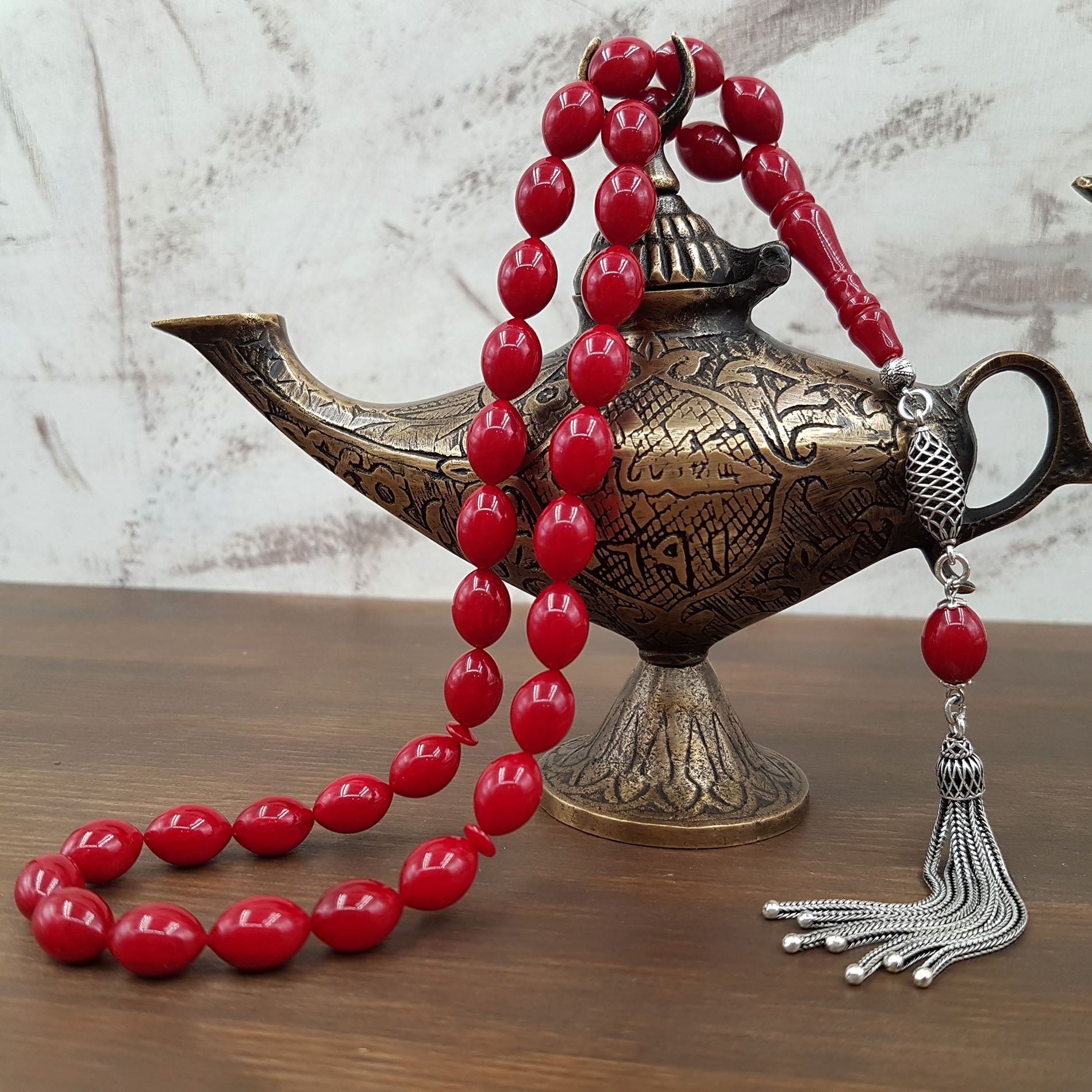 Gümüş Püskül Beyzi Vişne Sıkma Kehribar Tesbih