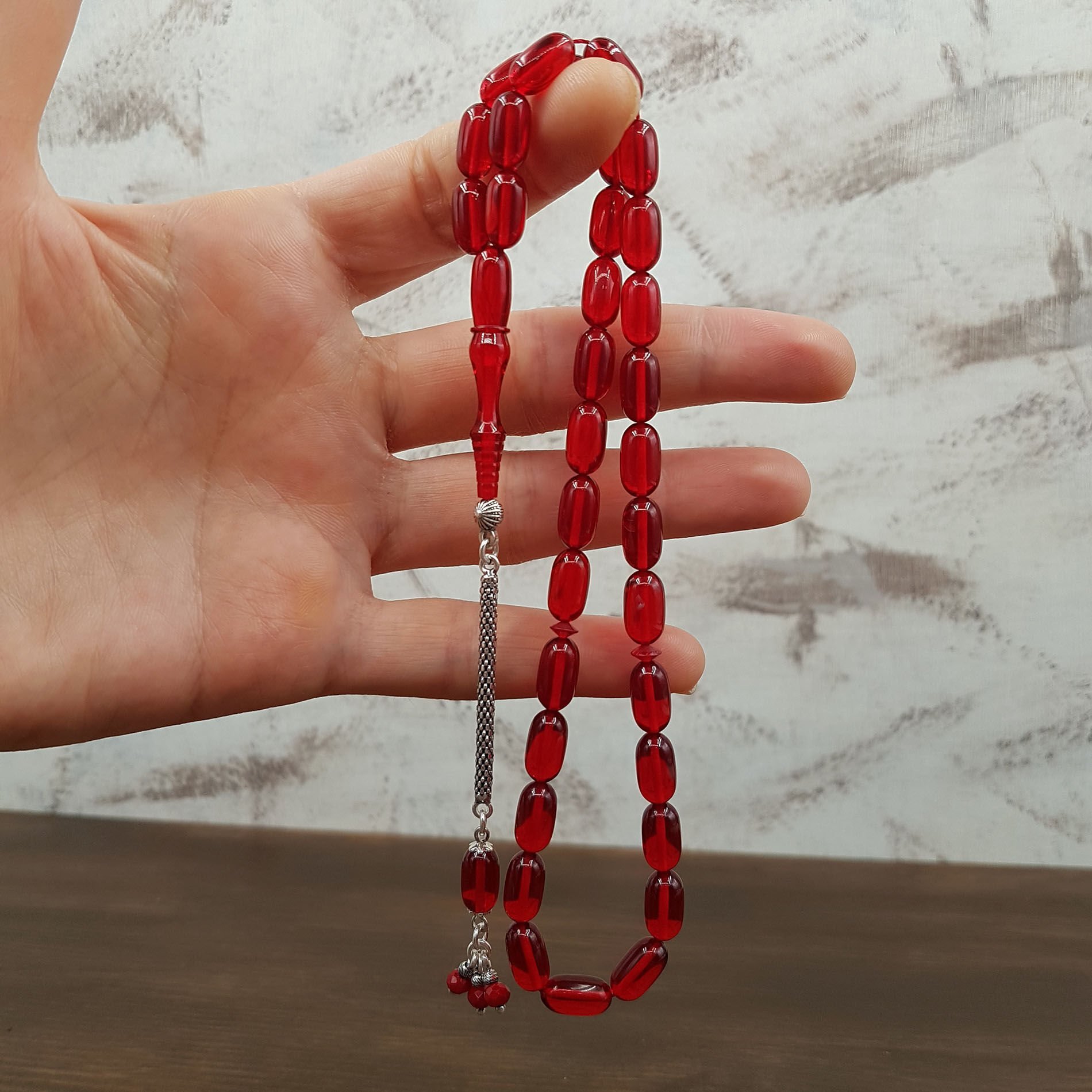 Gümüş Püskül İnce Kesim Ateş Kehribar Tesbih