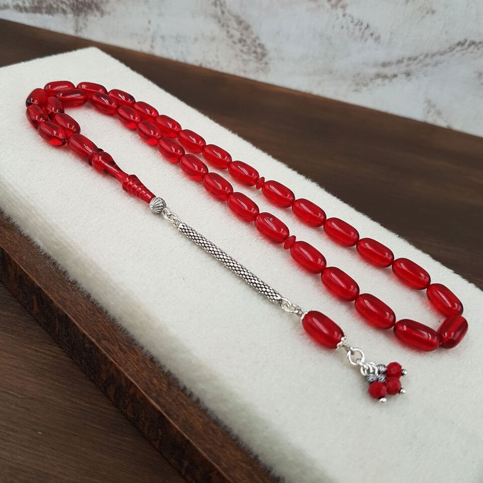 Gümüş Püskül İnce Kesim Ateş Kehribar Tesbih