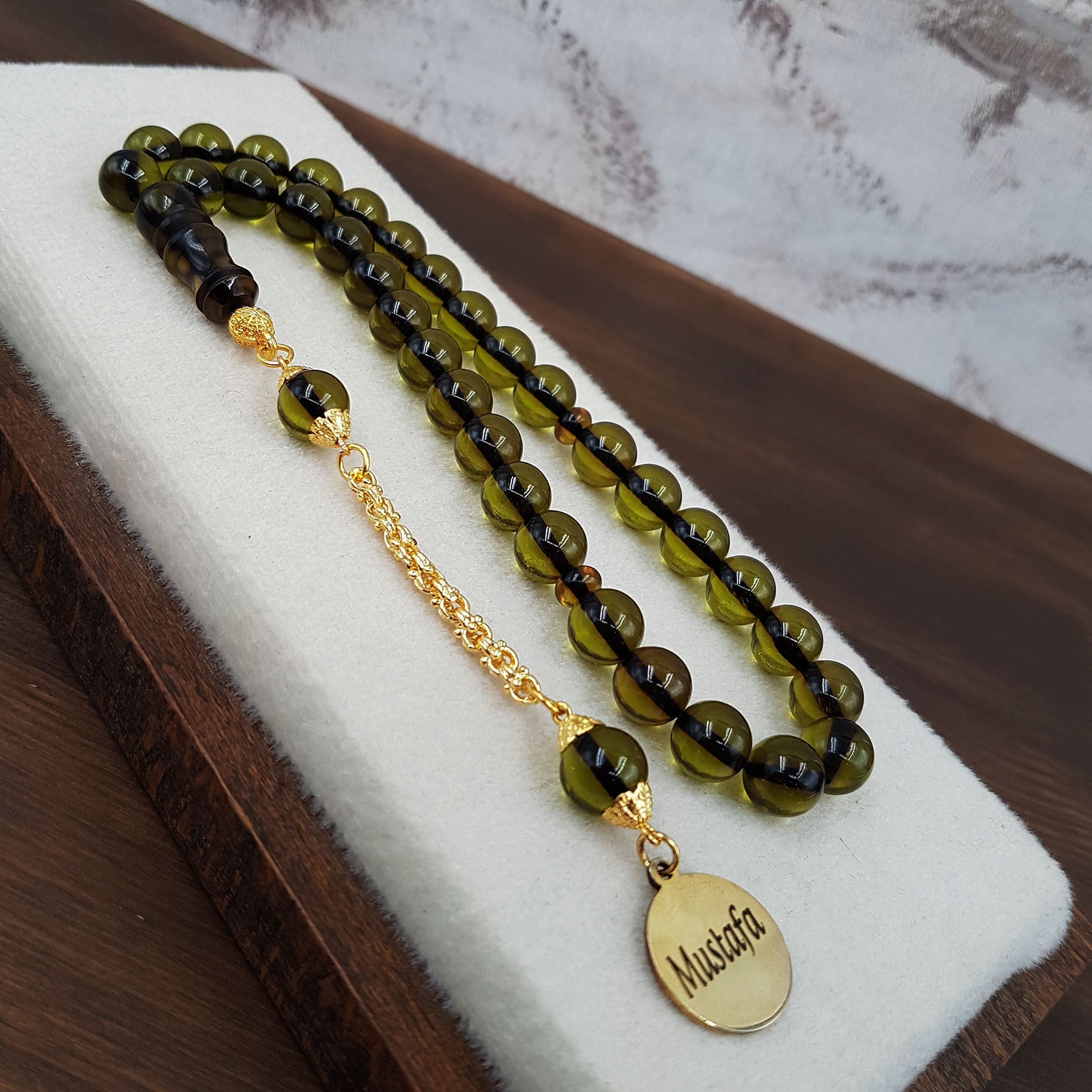 Kişiye Özel Yeşil Renk Ateş Kehribar Tesbih