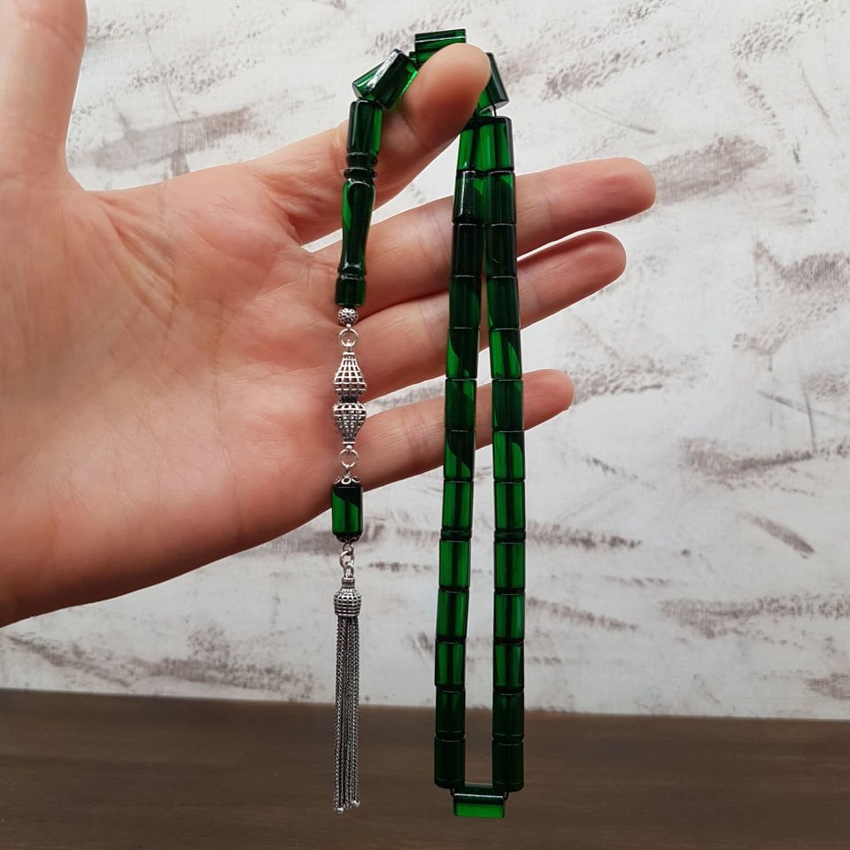 Gümüş Püskül Yeşil Kesme Ateş Kehribar