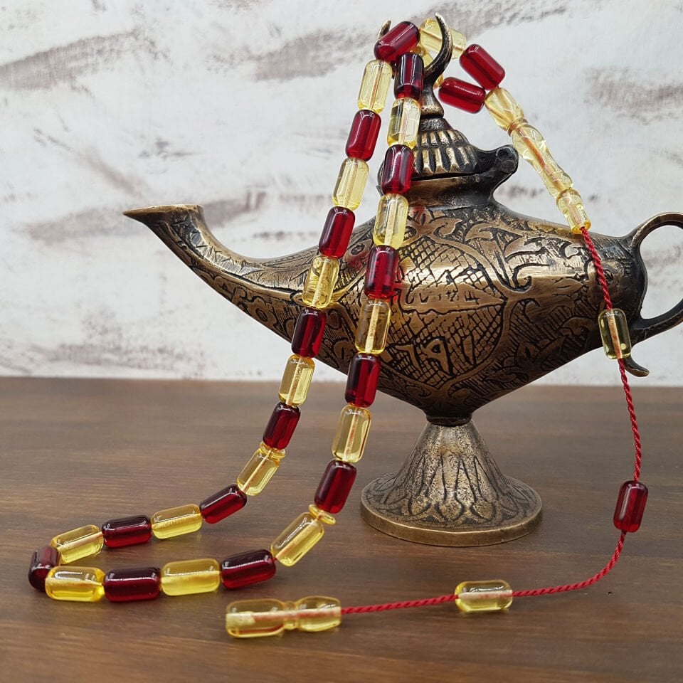 Sarı Kırmızı Kapsül Damla Kehribar Tesbih