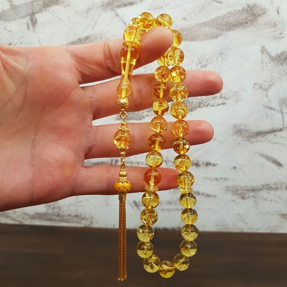 Polen Fosilli Altın Sarısı Damla Kehribar Tesbih