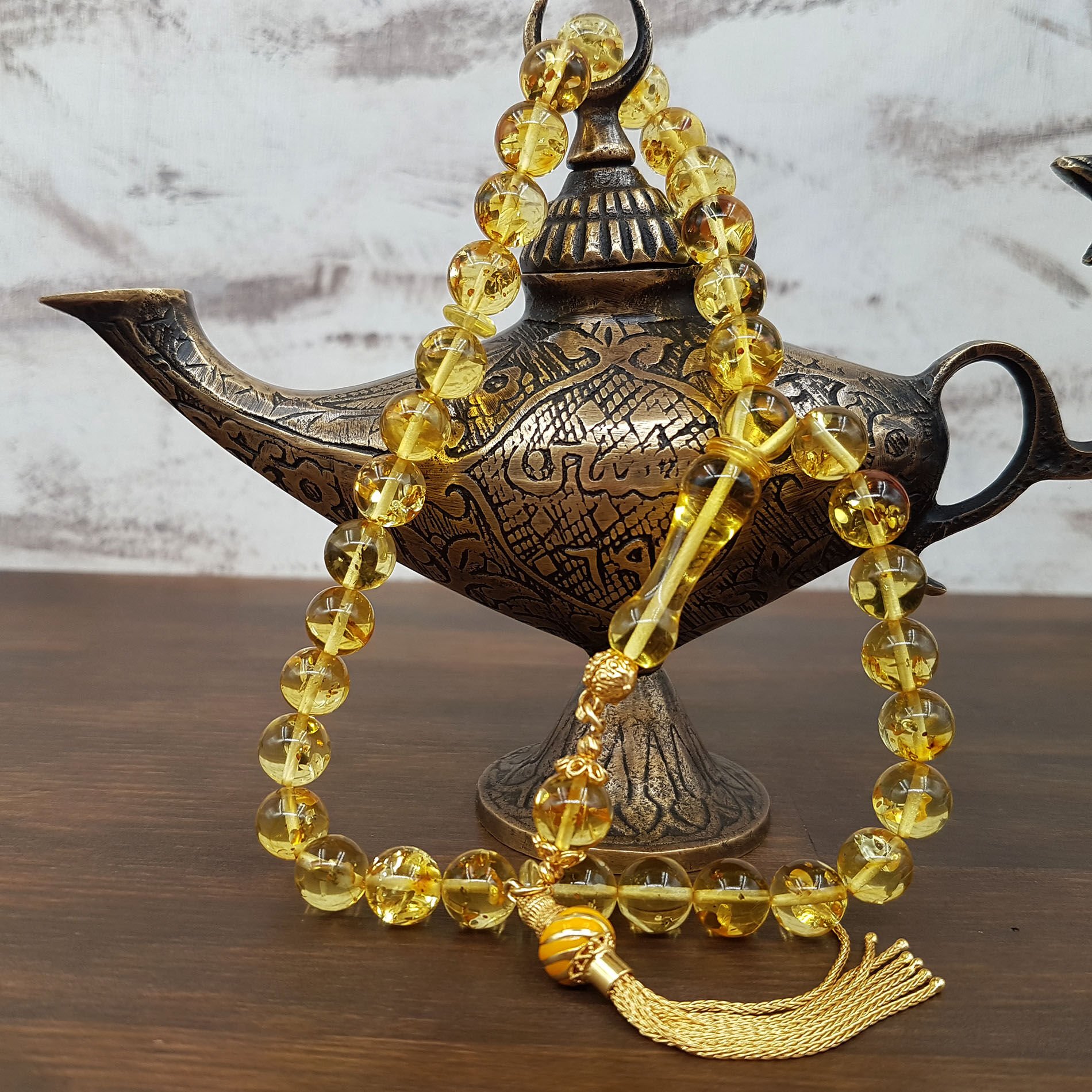 Polen Fosilli Altın Sarısı Damla Kehribar Tesbih