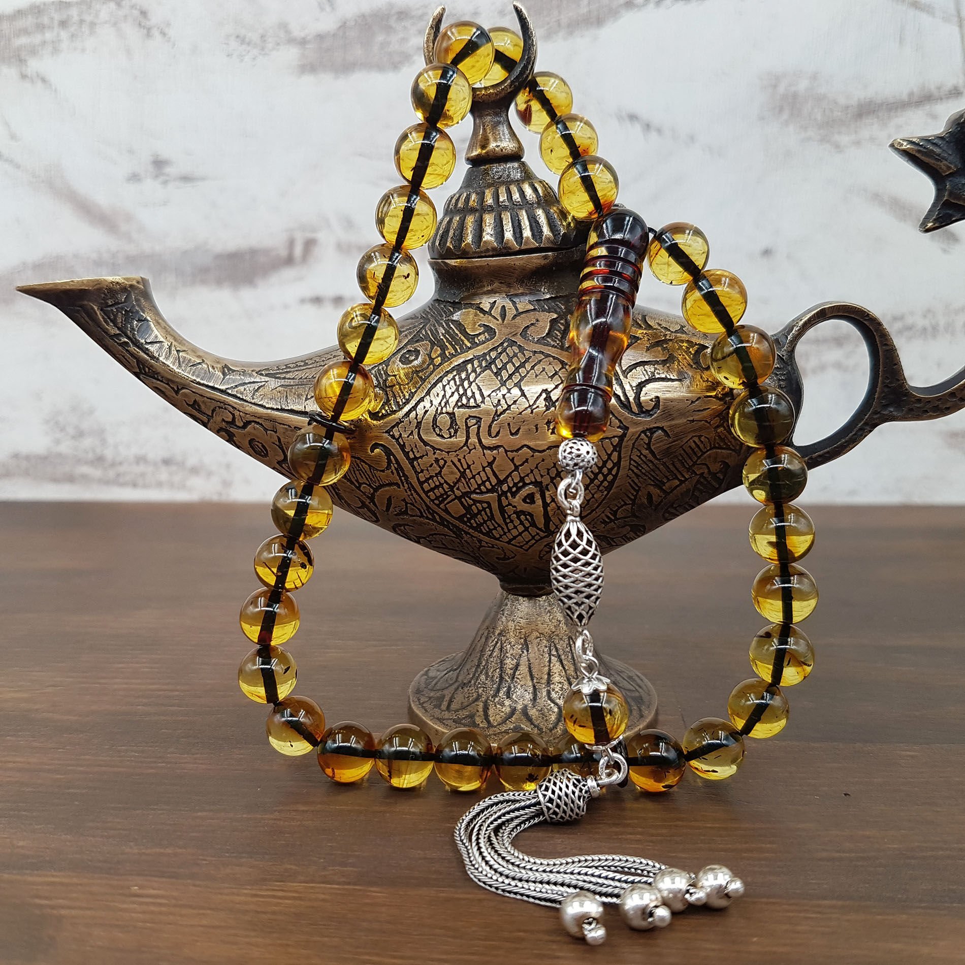 İp Yolları Sürmeli Küre Damla Kehribar Tesbih