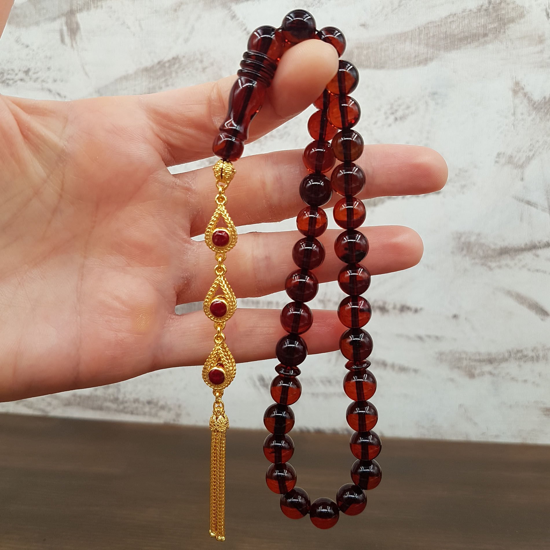 Gümüş Püskül Kahve Damla Kehribar Tesbih