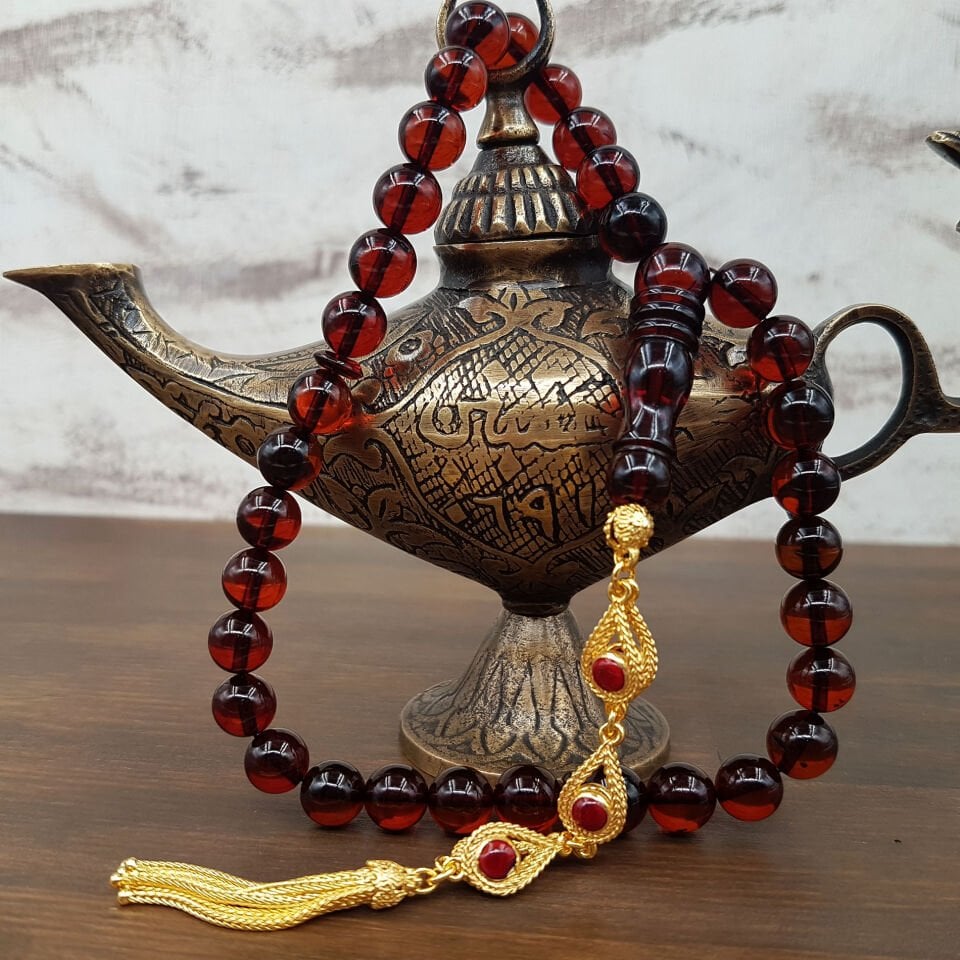 Gümüş Püskül Kahve Damla Kehribar Tesbih