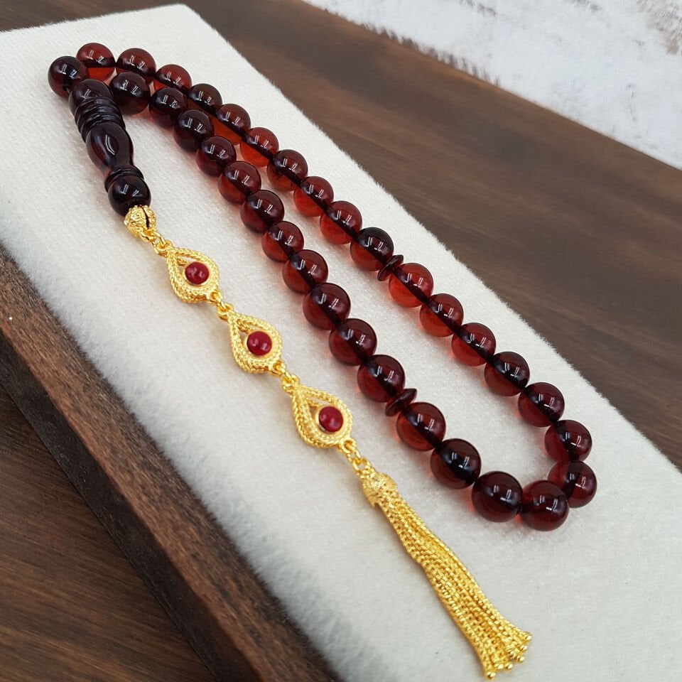 Gümüş Püskül Kahve Damla Kehribar Tesbih