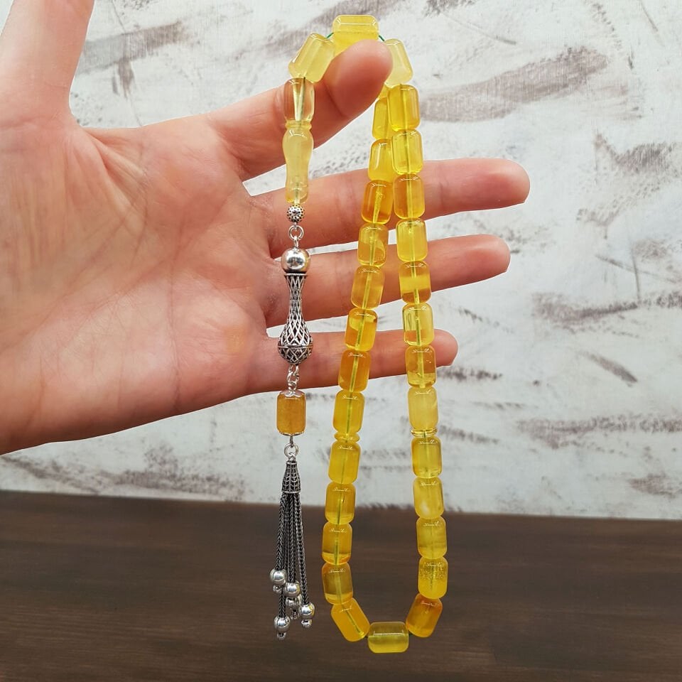 Sarı Hareli Kaya Damla Kehribar Tesbih