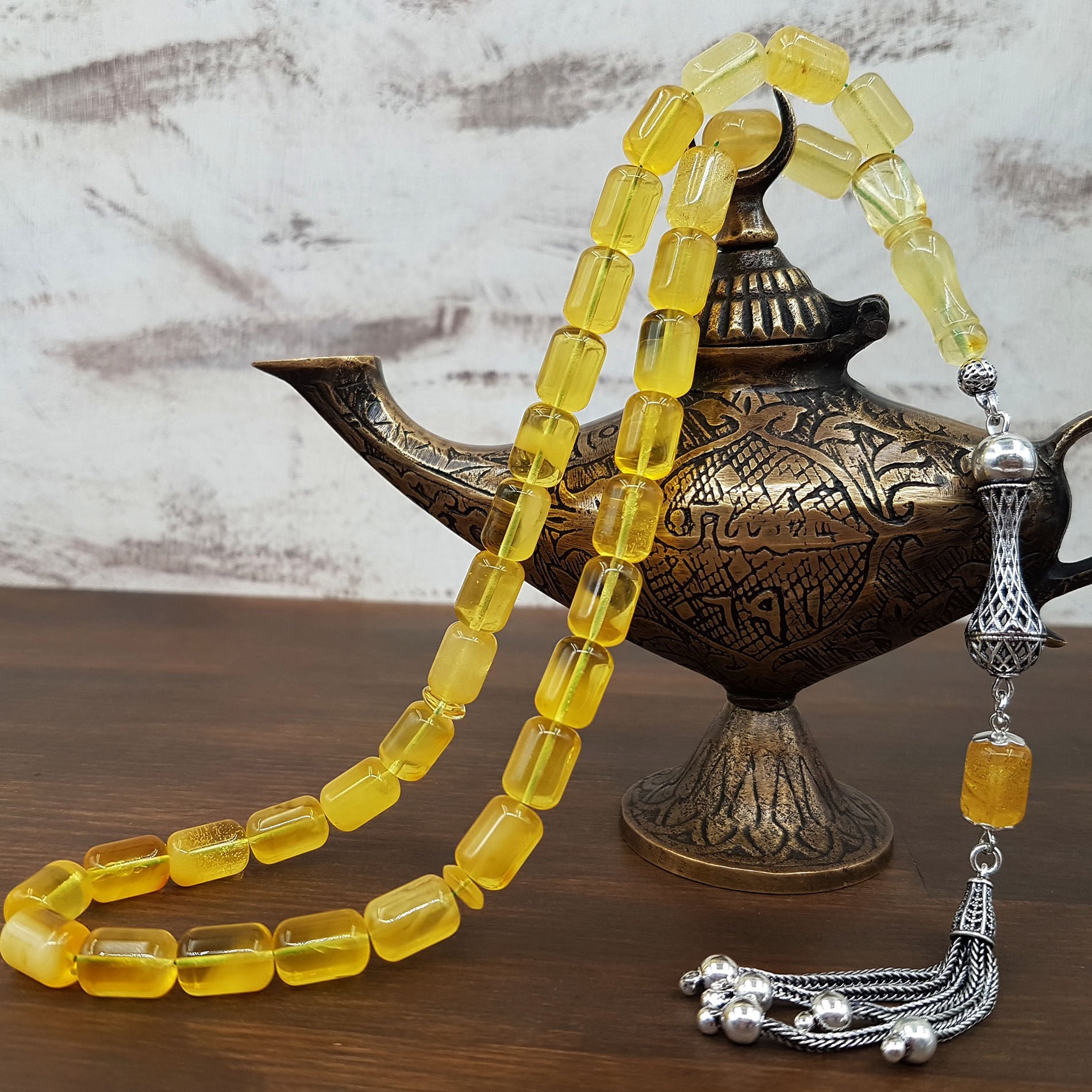 Sarı Hareli Kaya Damla Kehribar Tesbih