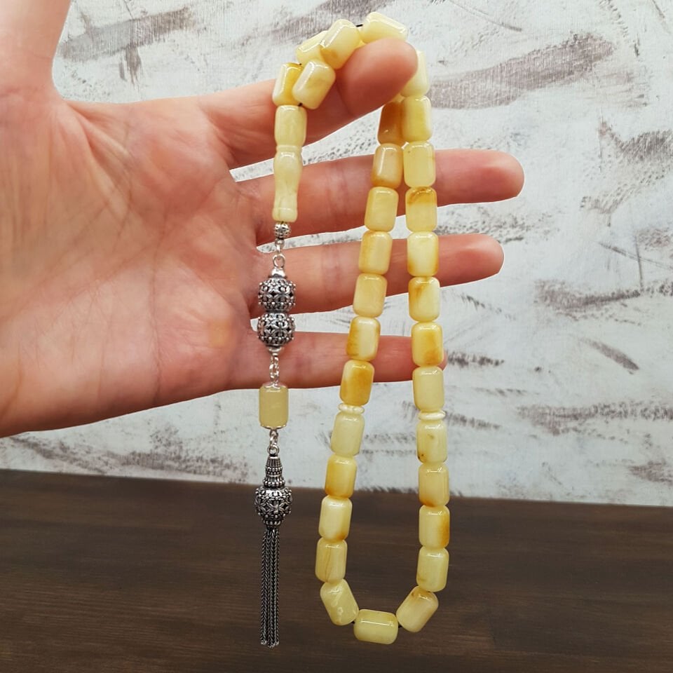 Beyaz Hareli Kaya Damla Kehribar Tesbih