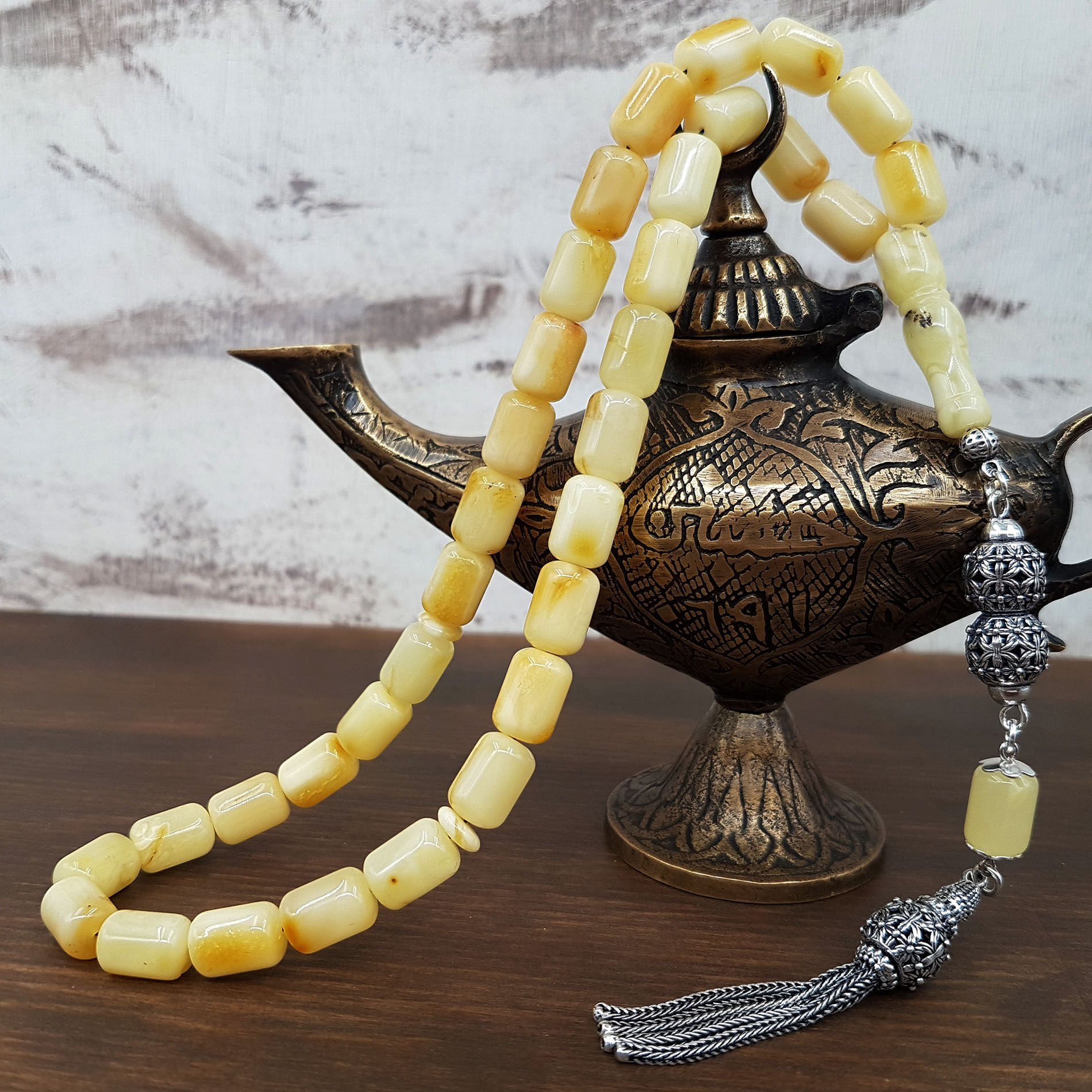 Beyaz Hareli Kaya Damla Kehribar Tesbih