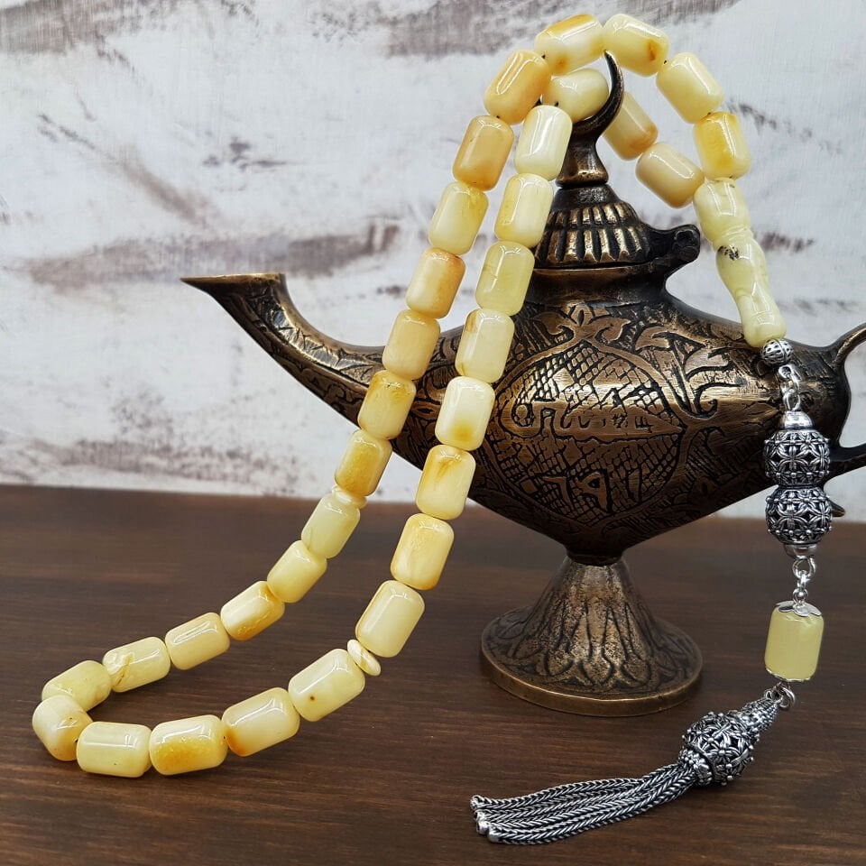 Beyaz Hareli Kaya Damla Kehribar Tesbih