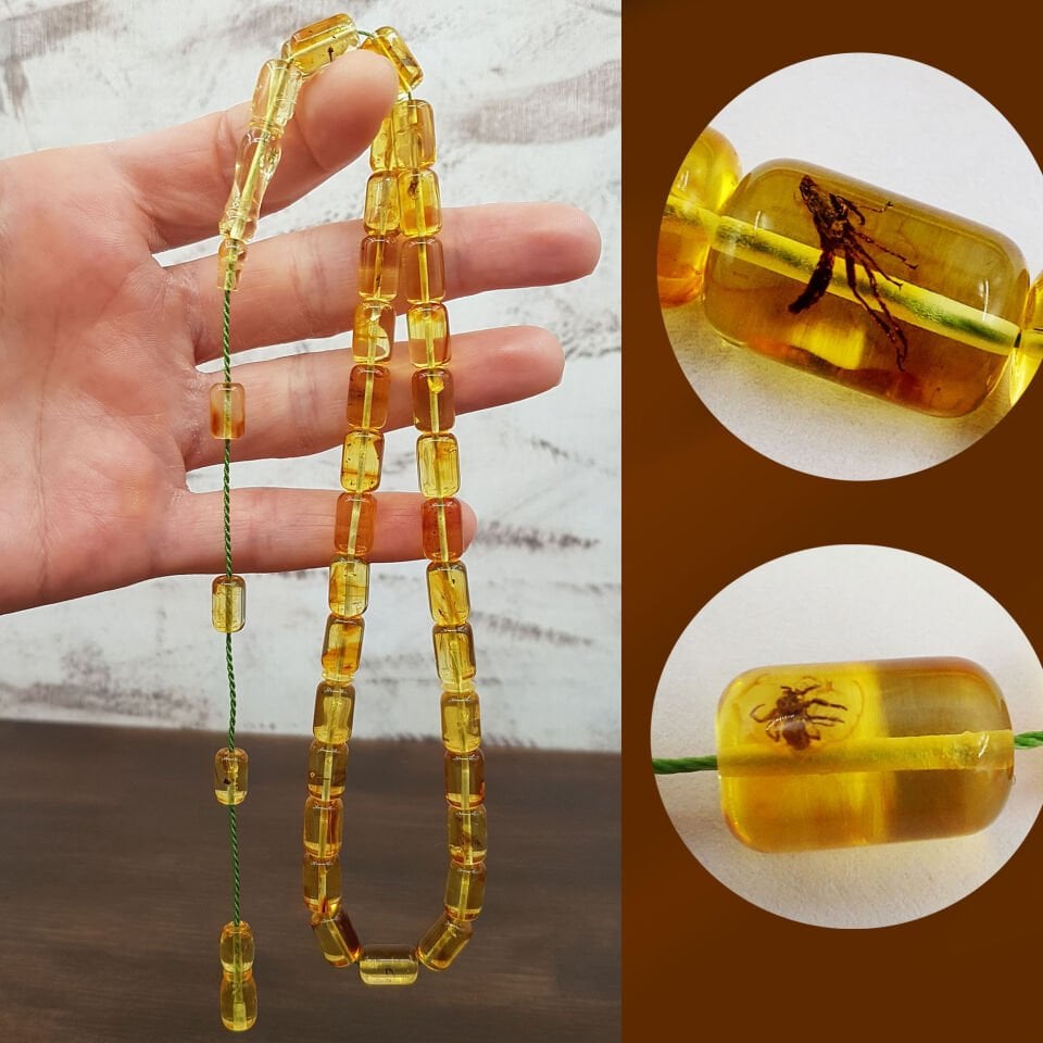 2 Habbesi Fosilli Kaya Damla Kehribar Tesbih