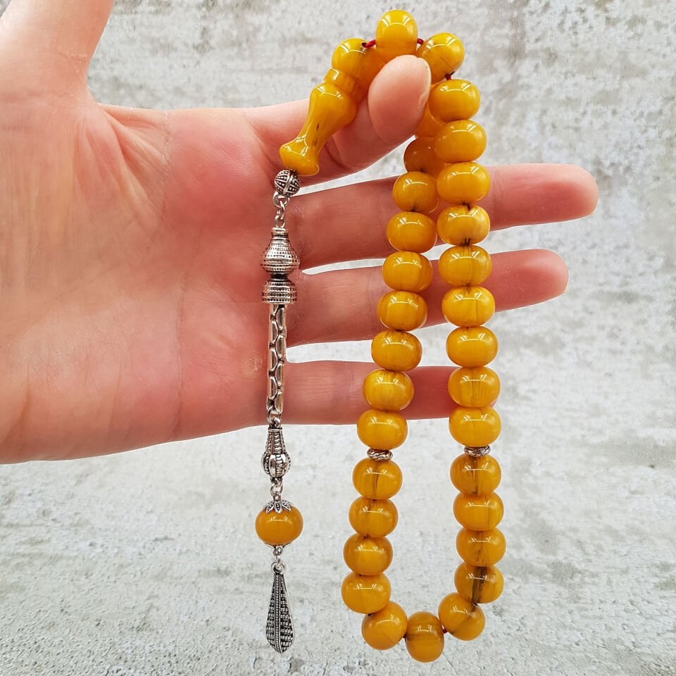 Sarı Teker Kesim Sıkma Kehribar Tesbih