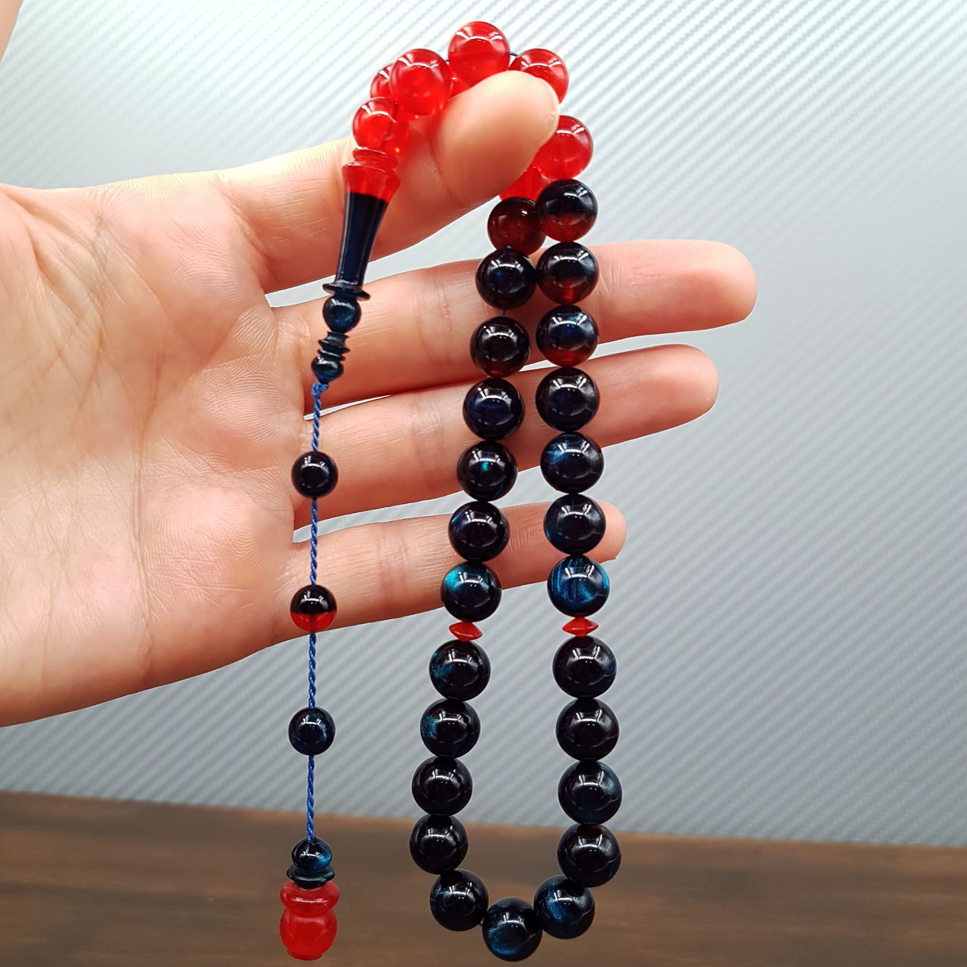 Turuncu Mavi Küre Kesim Sıkma Kehribar Tesbih