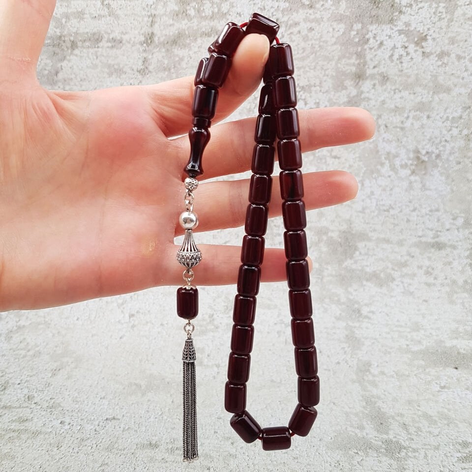 Gümüş Püskül Oval Kesme Sıkma Kehribar Tesbih