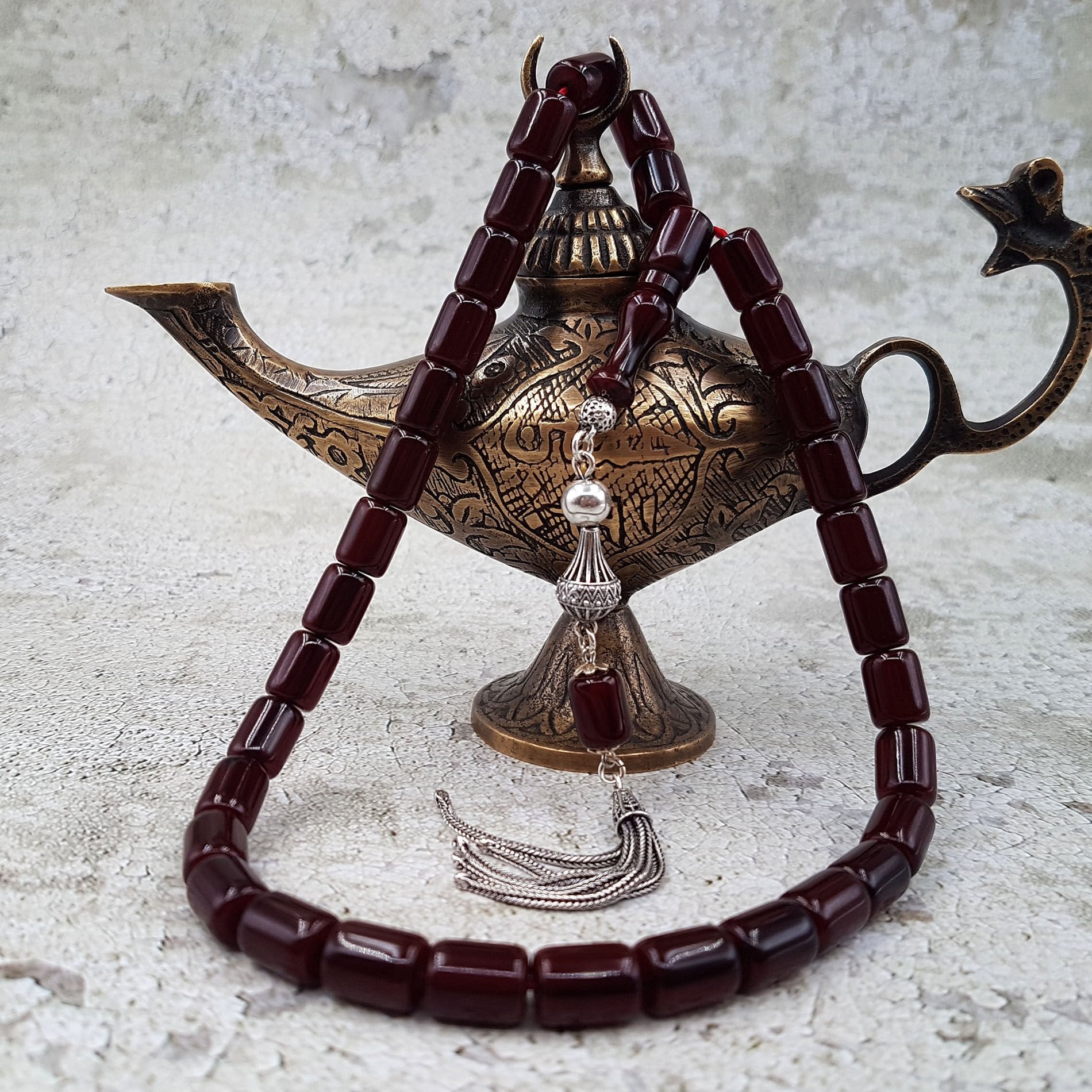 Gümüş Püskül Oval Kesme Sıkma Kehribar Tesbih