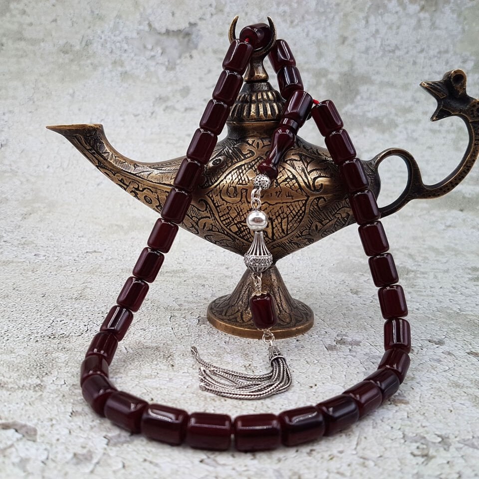 Gümüş Püskül Oval Kesme Sıkma Kehribar Tesbih