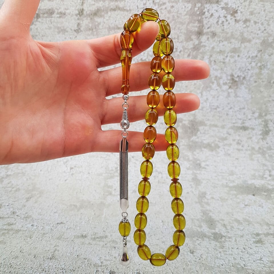 Yosun Yeşili Beyzi Blok Zar Kehribar Tesbih