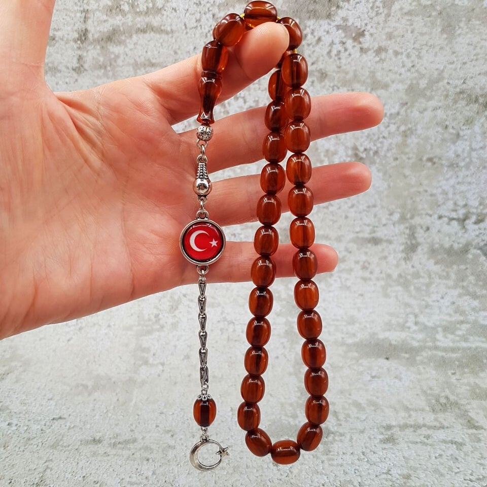 Kahverengi Beyzi Sıkma Kehribar Tesbih