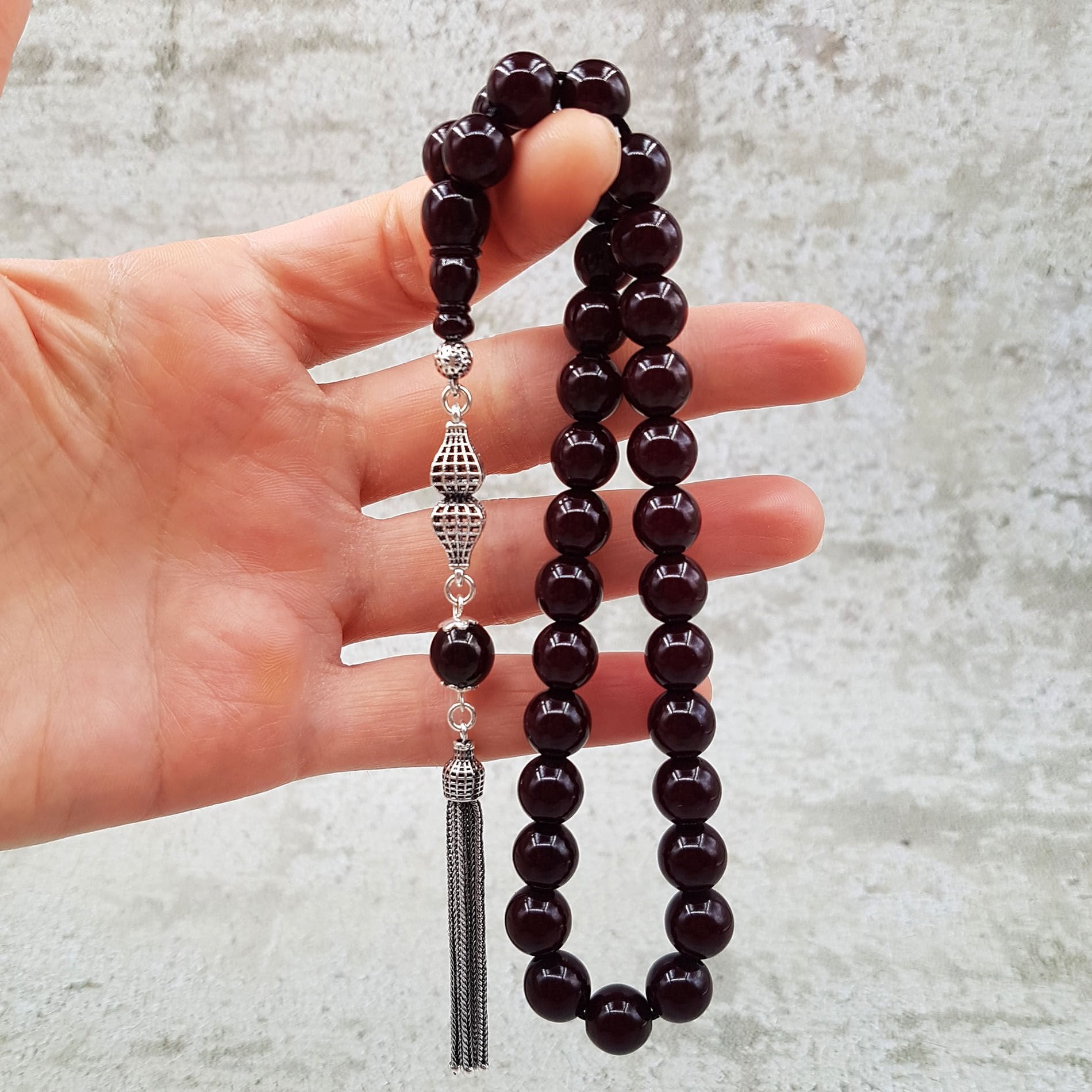 Gümüş Püskül Koyu Kahve Sıkma Kehribar Tesbih