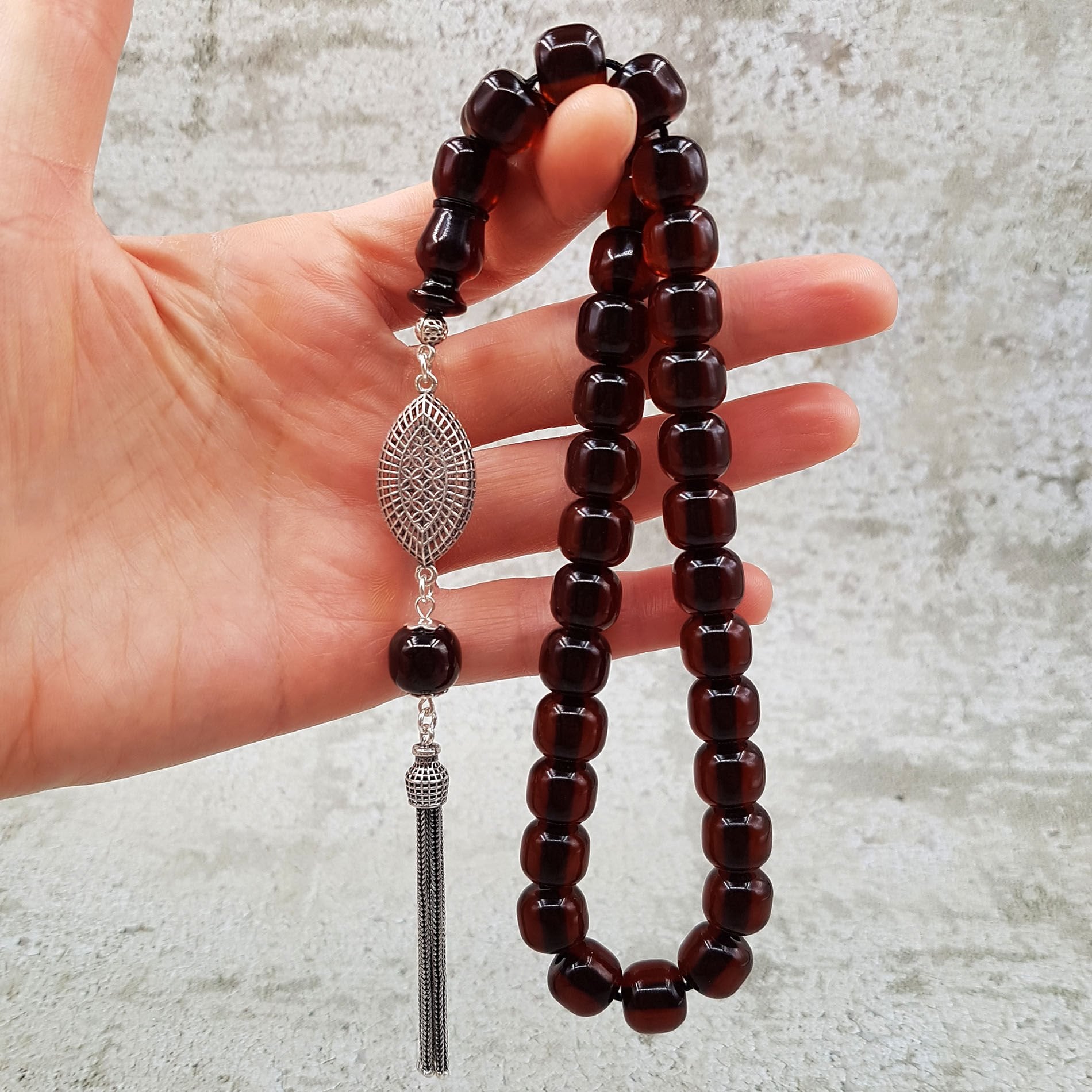 Gümüş Püskül Horoz İmame Sıkma Kehribar Tesbih