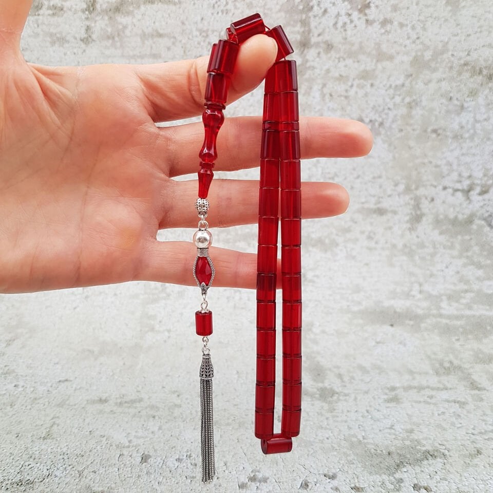 Gümüş Püskül Kırmızı Kesme Ateş Kehribar Tesbih