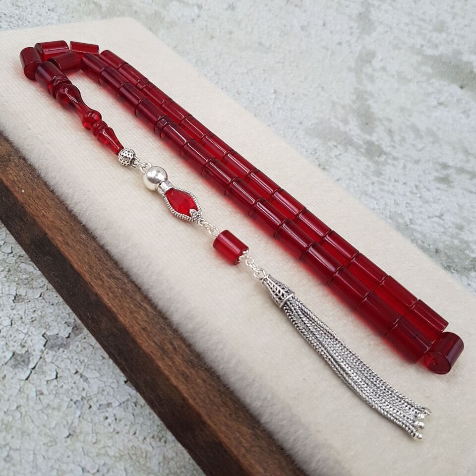 Gümüş Püskül Kırmızı Kesme Ateş Kehribar Tesbih