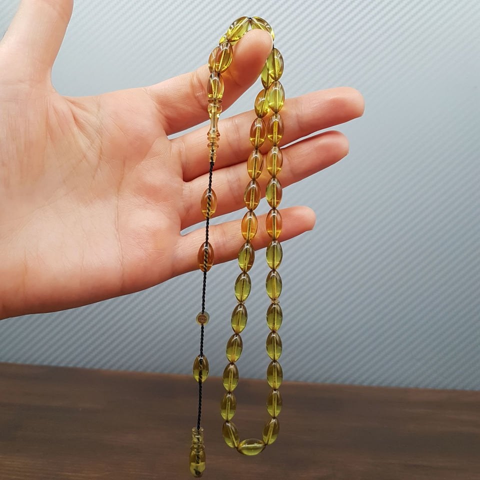 Yeşil ince Arpa Kesim Ateş Kehribar Tesbih