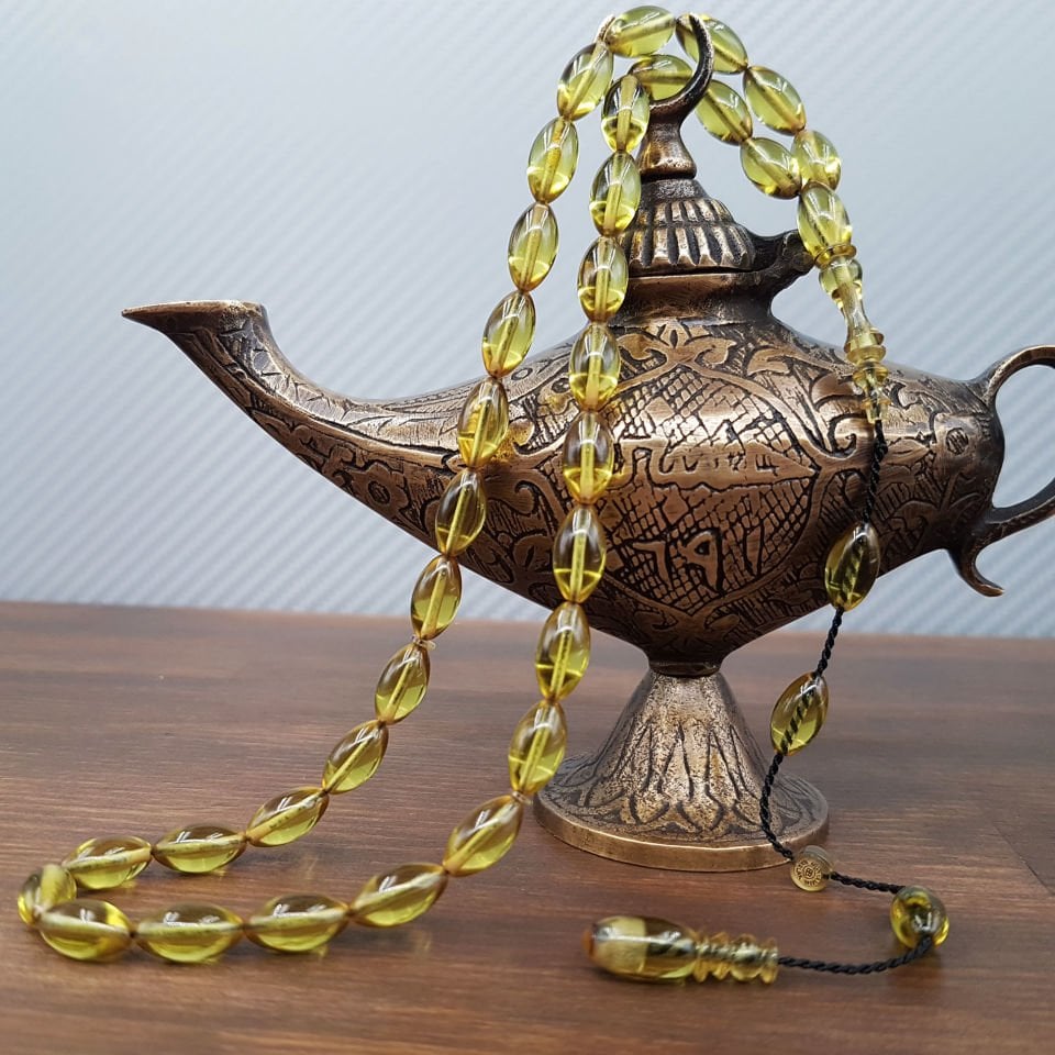 Yeşil ince Arpa Kesim Ateş Kehribar Tesbih