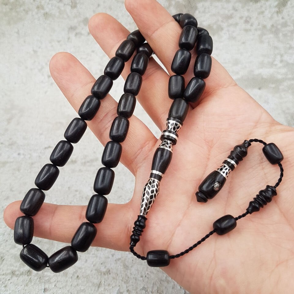 Ercan Şener İmzalı Gümüş Nakkaş Abanoz Tesbih